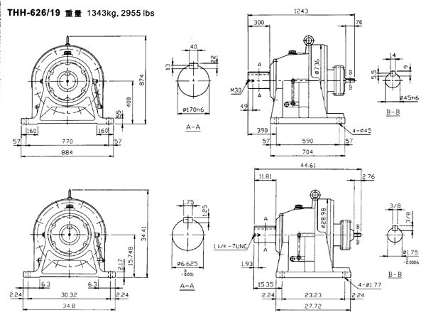 傳仕600系列擺線針輪減速機雙段雙軸型減速機馬達(dá)外形尺寸(THH624/16……)