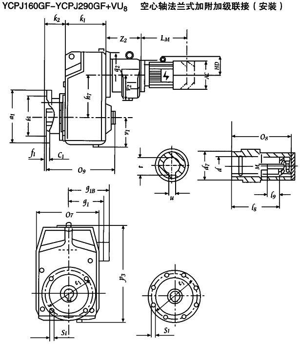 YCPJ160GF-YCPJ290GF+VU8 空心軸法蘭式加附加級(jí)聯(lián)接安裝及外形尺寸
