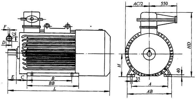 YB系列中型高壓隔爆型三相異步電動機(jī)外形尺寸(6kV)