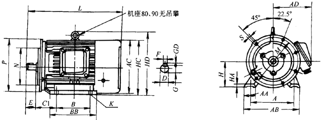 YEJ系列電磁制動三相異步電動機(jī)外形尺寸(H80~225mm)